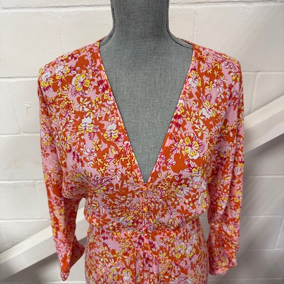 Poupette St Barth Ilona Pink Sweet Bell Floral Long Sleeve Boho Resort Sun Dress - Picture 4 of 11